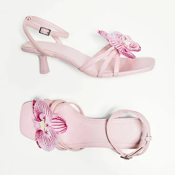 Dép Cao Gót Nữ Bershka Kitten Heel Sandals With Pink Floral Detail Màu Hồng Size 38