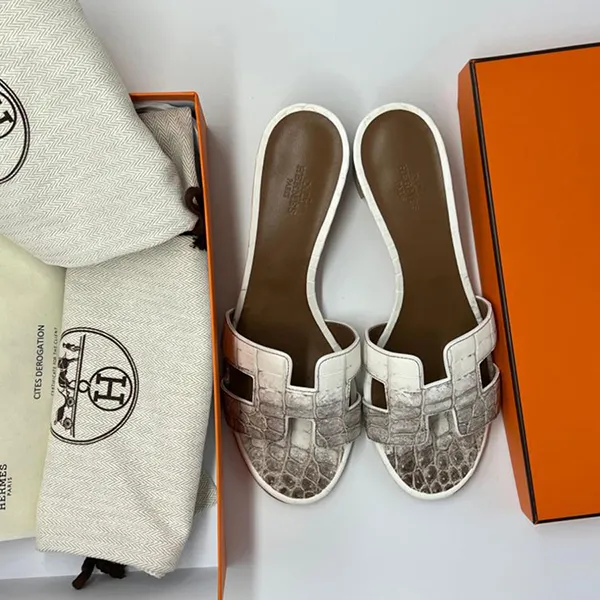 Dép Cao Gót Nữ Hermès Sandales Oasis En Crocodile Himalaya De Màu Trắng Nâu Size 37.5 - Dép - Vua Hàng Hiệu