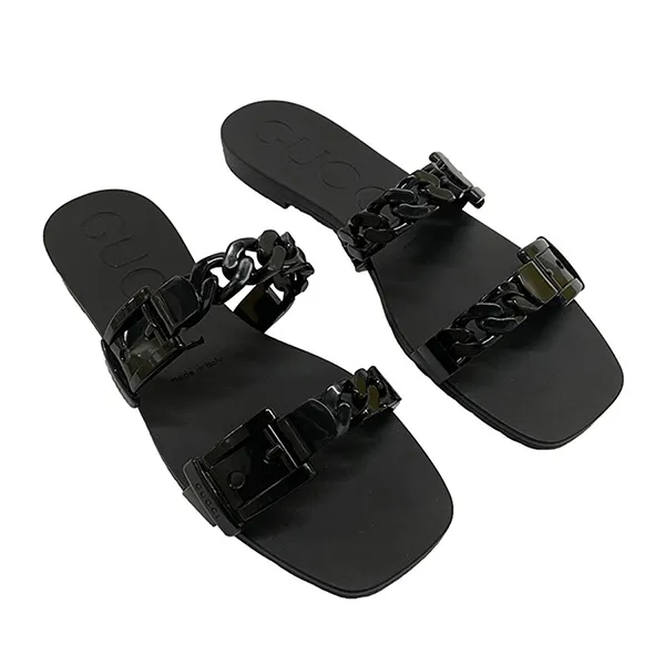 Dép Nữ Gucci Wanita High Quality GC Rubber Slides Flat Hitam Màu Đen - Dép - Vua Hàng Hiệu