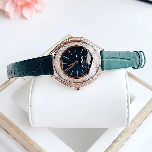 Đồng Hồ Nữ Swarovski Crystalline Aura Watch Swiss Made, Leather Strap, Green Rose Gold-Tone 5644078 Màu Xanh Lá - Đồng hồ - Vua Hàng Hiệu
