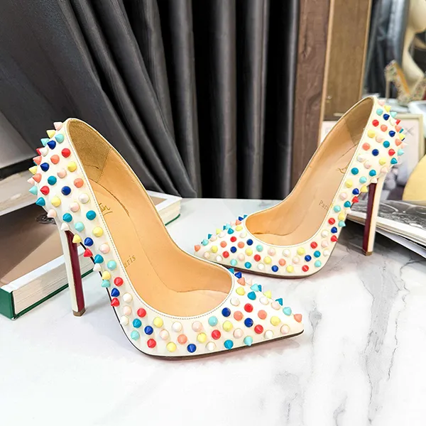 Giày Cao Gót Nữ Christian Louboutin White Leather Pigalle Multicolor Spikes 120 Pumps Màu Trắng Họa Tiết Size 37.5 - Giày - Vua Hàng Hiệu