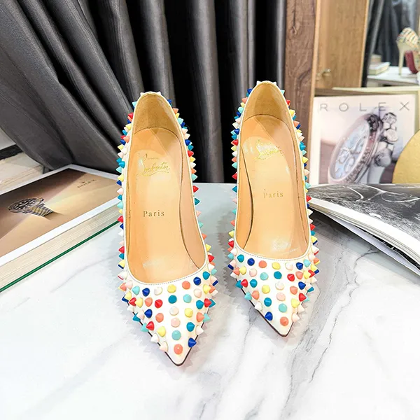 Giày Cao Gót Nữ Christian Louboutin White Leather Pigalle Multicolor Spikes 120 Pumps Màu Trắng Họa Tiết Size 37.5 - Giày - Vua Hàng Hiệu