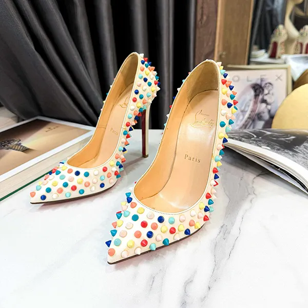Giày Cao Gót Nữ Christian Louboutin White Leather Pigalle Multicolor Spikes 120 Pumps Màu Trắng Họa Tiết Size 37.5 - Giày - Vua Hàng Hiệu