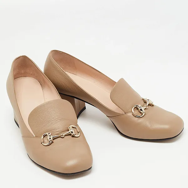 Giày Cao Gót Nữ Gucci Beige Leather Horsebit Block Heel Loafer Pumps Màu Be Size 34.5 - Giày - Vua Hàng Hiệu