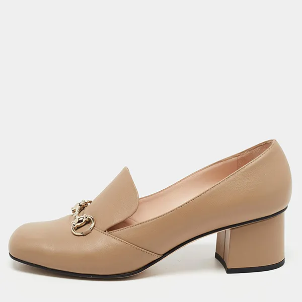 Giày Cao Gót Nữ Gucci Beige Leather Horsebit Block Heel Loafer Pumps Màu Be Size 34.5 - Giày - Vua Hàng Hiệu