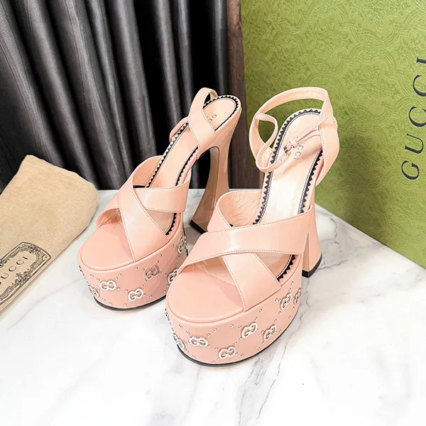 Giày Cao Gót Nữ Gucci Sandal With Interlocking G Studs Màu Hồng Nude Size 37.5