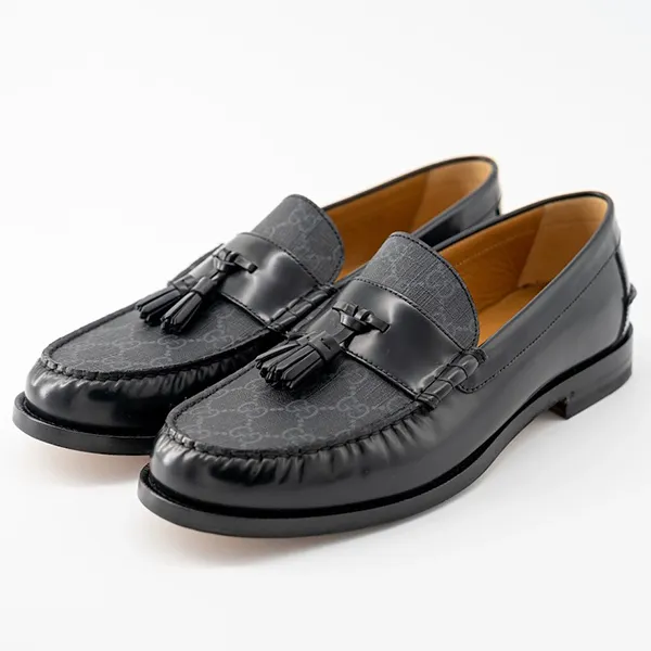 Giày Lười Nam Gucci GG Supreme Tassel Moccasin Loafers Leather Black Màu Đen Size 40.5