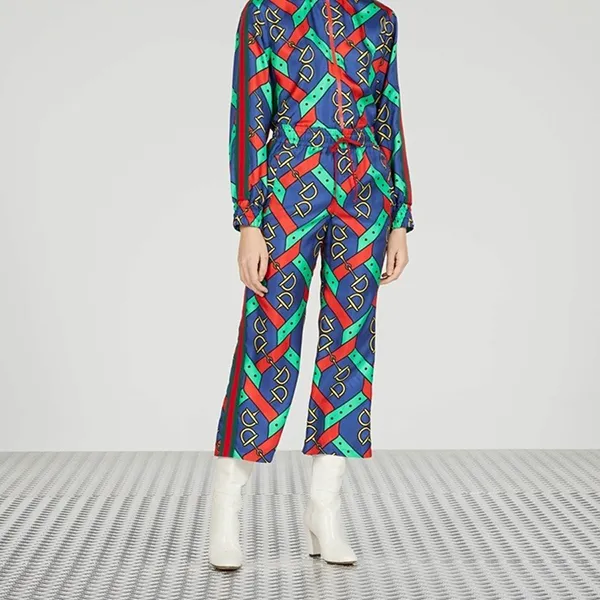Quần Suông Nữ Gucci Horsebit Strap Print Silk Trouser 743009XJFJF4034 Màu Xanh Họa Tiết Size XS - Thời trang - Vua Hàng Hiệu