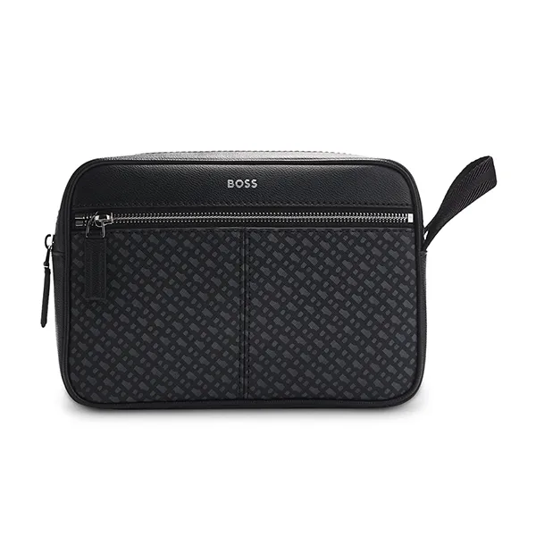 Túi Cầm Tay Nam Hugo Boss Faux-Leather Washbag with Monogram-Print Front Pocket Màu Đen - Túi xách - Vua Hàng Hiệu