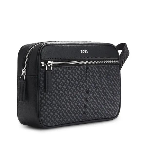 Túi Cầm Tay Nam Hugo Boss Faux-Leather Washbag with Monogram-Print Front Pocket Màu Đen - Túi xách - Vua Hàng Hiệu