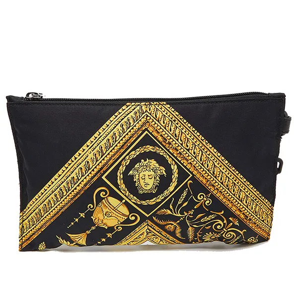 Túi Cầm Tay Versace Black/Gold Baroque Medusa Print Nylon Wristlet Pouch Màu Đen Vàng