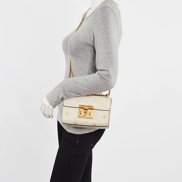 Túi Đeo Chéo Nữ Gucci White Leather Star/Bee Small Padlock Crossbody Bag Màu Trắng Kem