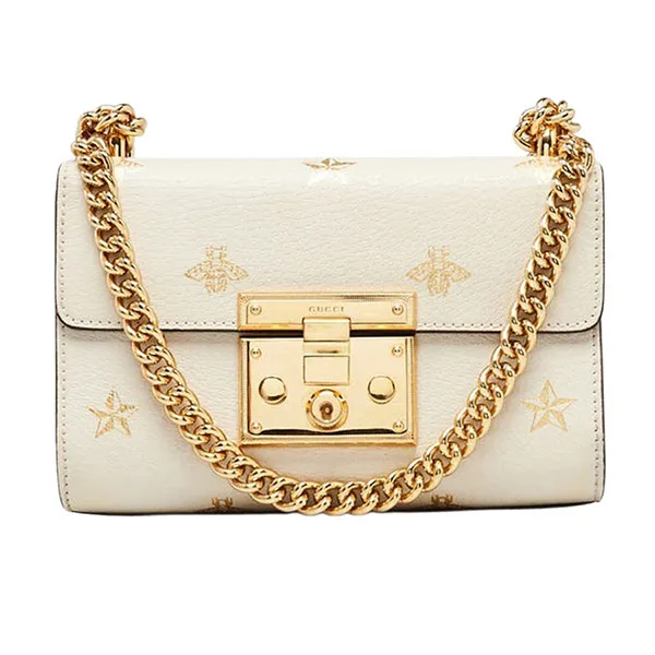 Túi Đeo Chéo Nữ Gucci White Leather Star/Bee Small Padlock Crossbody Bag Màu Trắng Kem