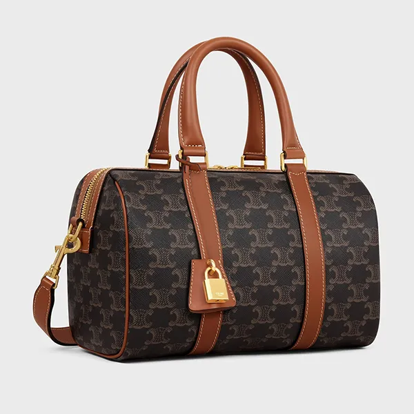 Túi Xách Nữ Celine Medium Boston In Triomphe Canvas And Calfskin Màu Nâu Đen