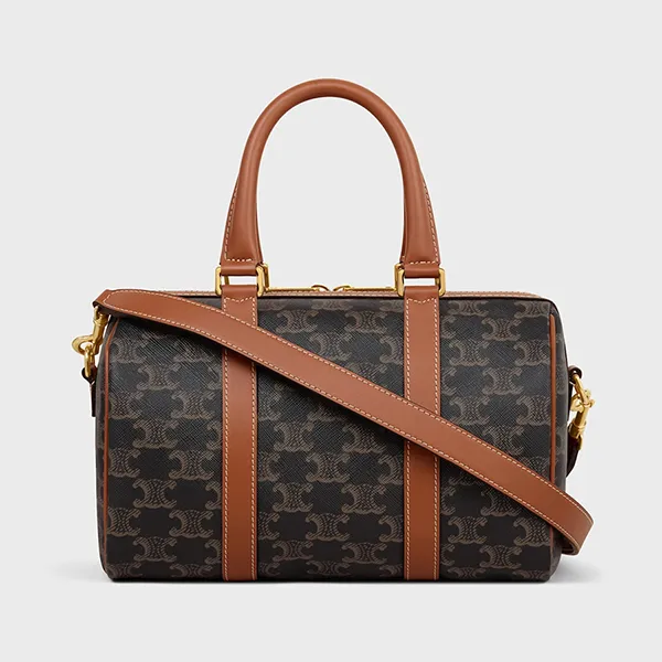 Túi Xách Nữ Celine Medium Boston In Triomphe Canvas And Calfskin Màu Nâu Đen
