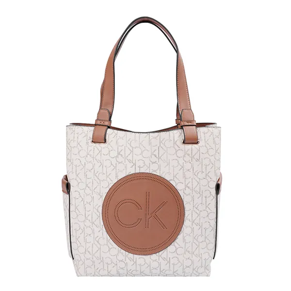 Túi Xách Tay Nữ Calvin Klein CK Signature Cream And Brown Tote Bag Cream/Brown Màu Trắng/Nâu - Túi xách - Vua Hàng Hiệu