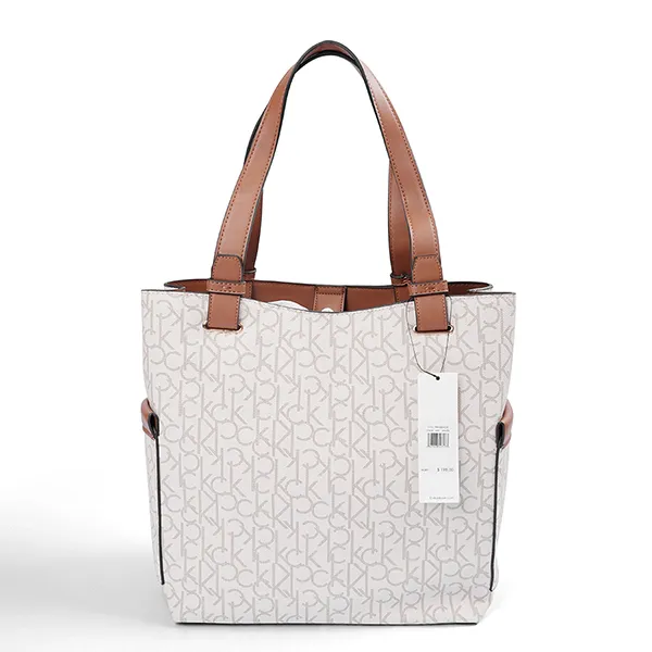 Túi Xách Tay Nữ Calvin Klein CK Signature Cream And Brown Tote Bag Cream/Brown Màu Trắng/Nâu - Túi xách - Vua Hàng Hiệu