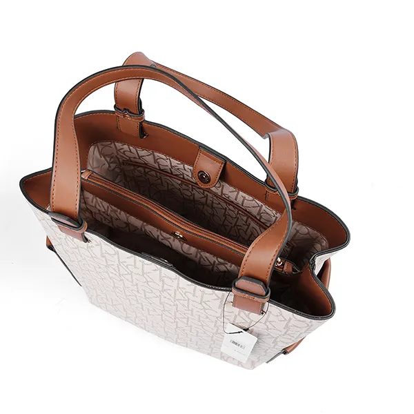 Túi Xách Tay Nữ Calvin Klein CK Signature Cream And Brown Tote Bag Cream/Brown Màu Trắng/Nâu - Túi xách - Vua Hàng Hiệu