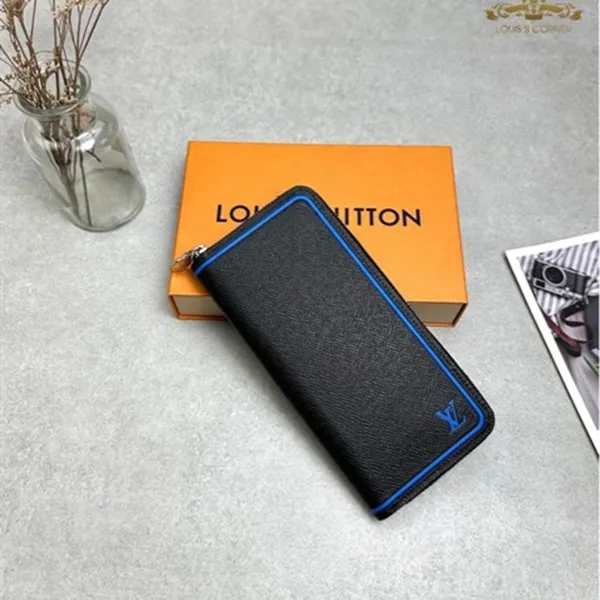 Ví Nam Louis Vuitton LV Vertical Taiga Zippy Bicolour Brazza Wallet Màu Đen Viền Xanh