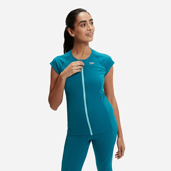 Áo Bơi Nữ Speedo Zip Sun Protection Short Sleeves Rashguard 8-00410616587 Màu Xanh Ngọc Lam Size XS