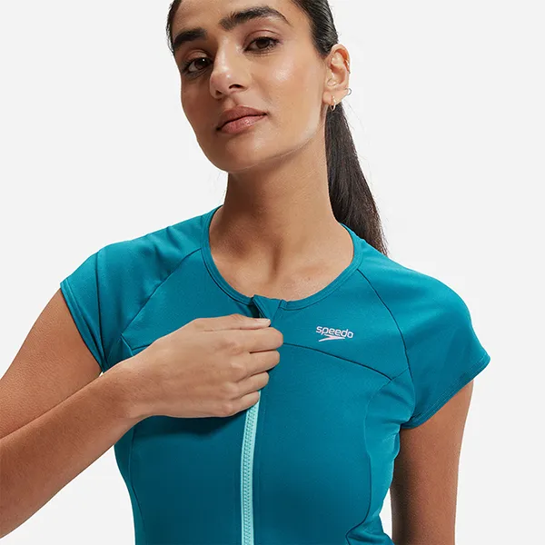 Áo Bơi Nữ Speedo Zip Sun Protection Short Sleeves Rashguard 8-00410616587 Màu Xanh Ngọc Lam Size XS