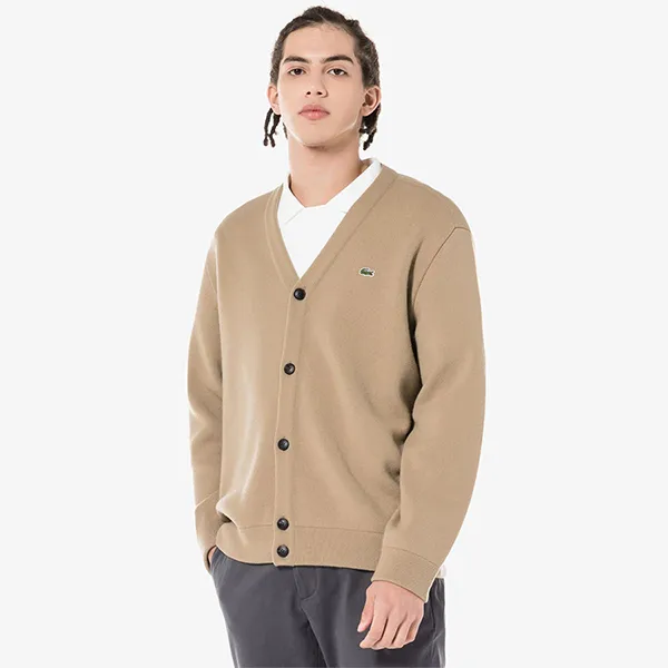 Áo Len Cardigan Nam Lacoste Men's Y-Neck Cardigan AH260E 51NR 02S Màu Nâu Size 3