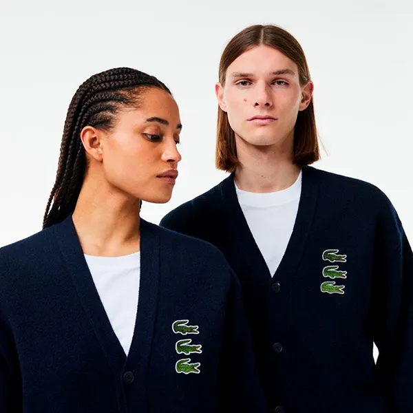 Áo Len Cardigan Unisex Lacoste Timeline Clock V-Neck AH5761 HDE Màu Xanh Navy