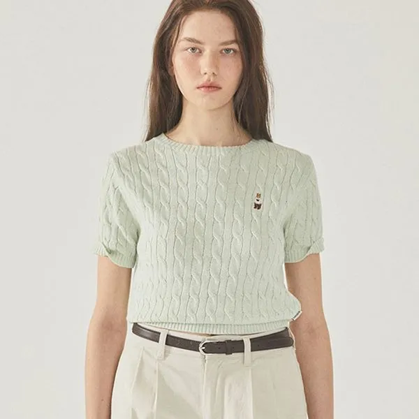 Áo Len Cộc Tay Nữ WHOAU Steve Round Neck Melange Màu Xanh Bạc Hà Size S