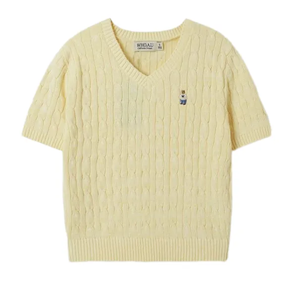Áo Len Cộc Tay Nữ WHOAU Steve V-neck Short Sleeve Sweater_WHKAF2402F Màu Vàng Size S