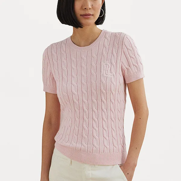 Áo Len Ngắn Tay Nữ Lauren Ralph Gassed Cotton Short Sleeve Sweater Basic Tshirt Pink L4221I0H0-J11 Màu Hồng Size M