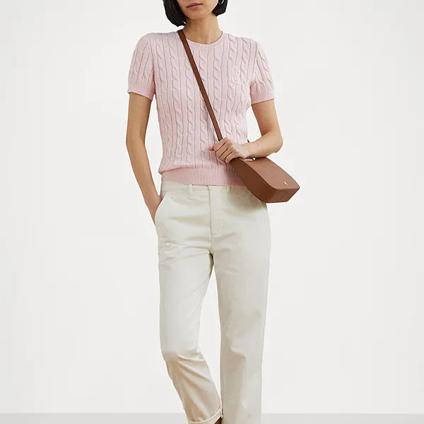 Áo Len Ngắn Tay Nữ Lauren Ralph Gassed Cotton Short Sleeve Sweater Basic Tshirt Pink L4221I0H0-J11 Màu Hồng Size M