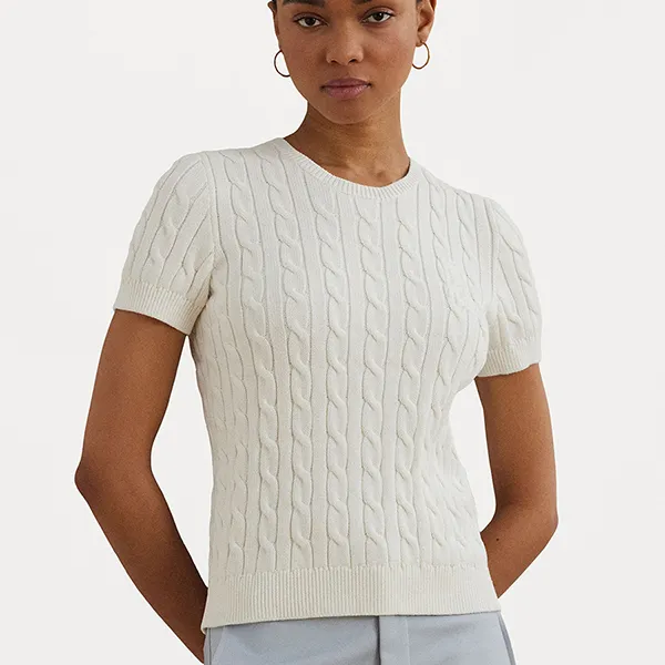 Áo Len Ngắn Tay Nữ Ralph Lauren Gassed Cotton Short Sleeve Sweater Basic Tshirt White L4221I0H0-A11 Màu Trắng Size XS