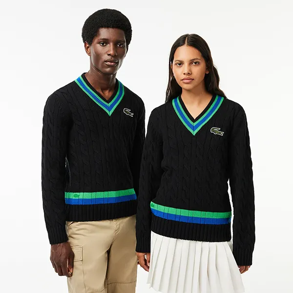 Áo Len Unisex Lacoste Knitted Sweater With Striped Detail On The V-Neck Màu Đen Xanh