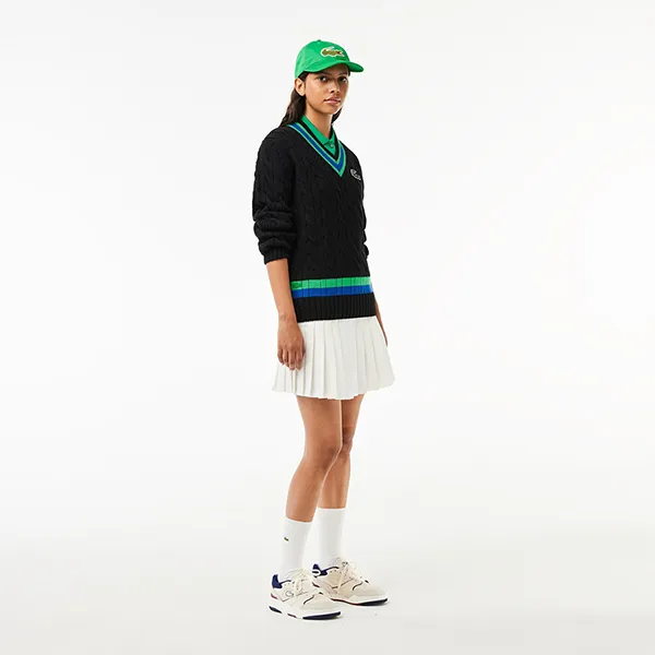 Áo Len Unisex Lacoste Knitted Sweater With Striped Detail On The V-Neck Màu Đen Xanh