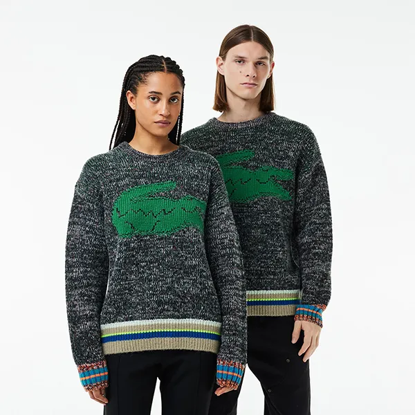 Áo Len Unisex Lacoste Loose Fit Stranded Wool Sweater AH1780-2CQ Regular Màu Đen Xám Size 2