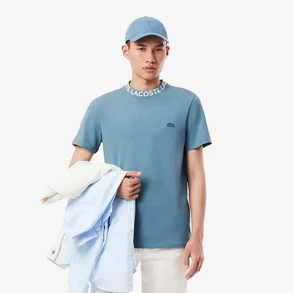 Áo Phông Nam Lacoste Jacquard Neck Pique TH2521 HD9 T-Shirt Màu Xanh Da Trời Size 3