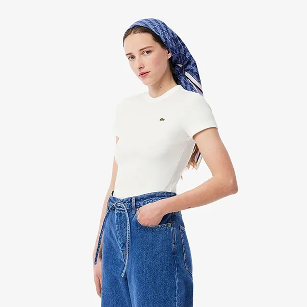 Áo Phông Nữ Lacoste Slim Fit Ribbed Cotton T-shirt TF5538 54N 70V Màu Trắng Size 34