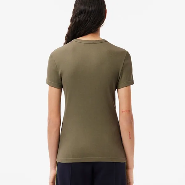 Áo Phông Nữ Lacoste Slim Fit Ribbed Cotton T-shirt TF5538 54N BMY Màu Xanh Kaki Size 38