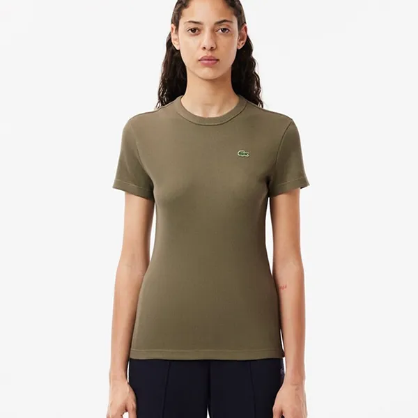 Áo Phông Nữ Lacoste Slim Fit Ribbed Cotton T-shirt TF5538 54N BMY Màu Xanh Kaki Size 38