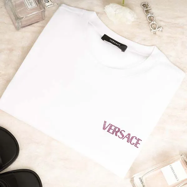 Áo Phông Nữ Versace Logo Series Crystal-embellished White 1014555 1A12040 2WI90 Tshirt Màu Trắng Size 38