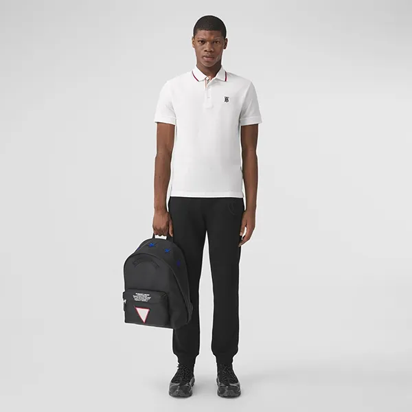 Áo Polo Nam Burberry Icon Stripe Placket Cotton Piqué Polo Shirt Màu Trắng Size XS