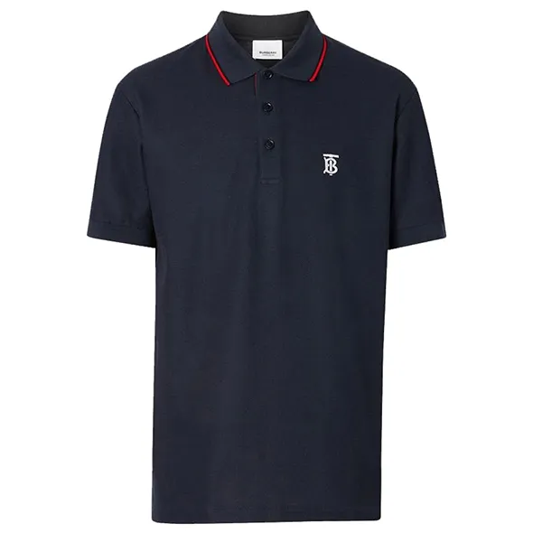 Áo Polo Nam Burberry Icon Stripe Placket Cotton Piqué Shirt Màu Xanh Navy Size XS