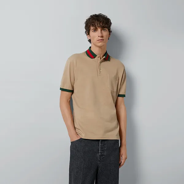 Áo Polo Nam Gucci Cotton Piquet Polo With Web Collar 701735 XJELJ 2219 Màu Be Đậm Size S