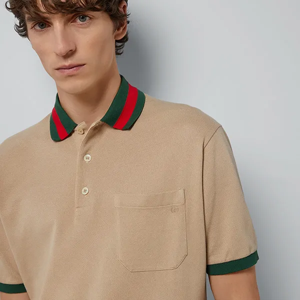 Áo Polo Nam Gucci Cotton Piquet Polo With Web Collar 701735 XJELJ 2219 Màu Be Đậm Size S