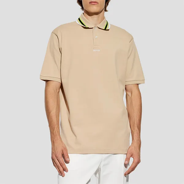 Áo Polo Nam Gucci Striped Colar Embroidered Logo In Beige 788024 XJGJY 2219 Màu Be Size M
