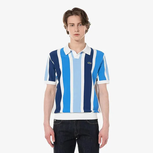 Áo Polo Nam Lacoste Men's Striped Short Sleeve AH700E 166 Màu Xanh Blue Phối Trắng Size 5