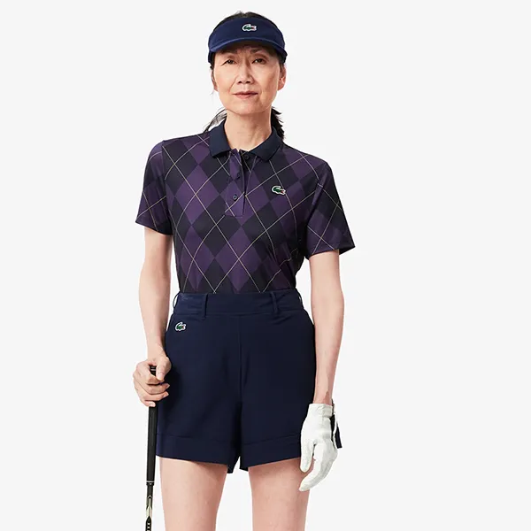 Áo Polo Nữ Lacoste Regular Fit UV Protect Golf Polo Shirt PF7453 99 IEK Màu Xanh Navy Phối Tím Size 34