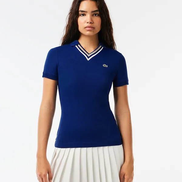 Áo Polo Nữ Lacoste Slim Fit V-Neck Stretch Piqué PF0866-51 Màu Xanh Dương Size 34