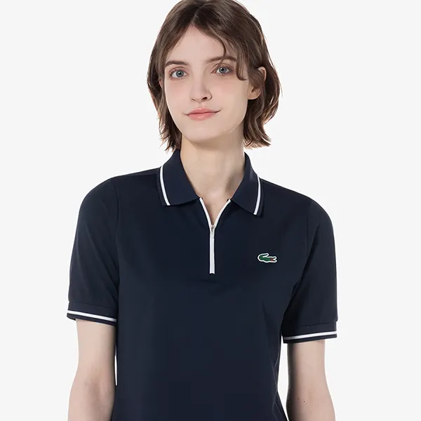 Áo Polo Nữ Lacoste Textured Semi-zip Polo DF403E 54G 166 Màu Xanh Navy Size 34