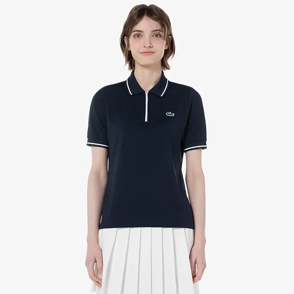 Áo Polo Nữ Lacoste Textured Semi-zip Polo DF403E 54G 166 Màu Xanh Navy Size 34